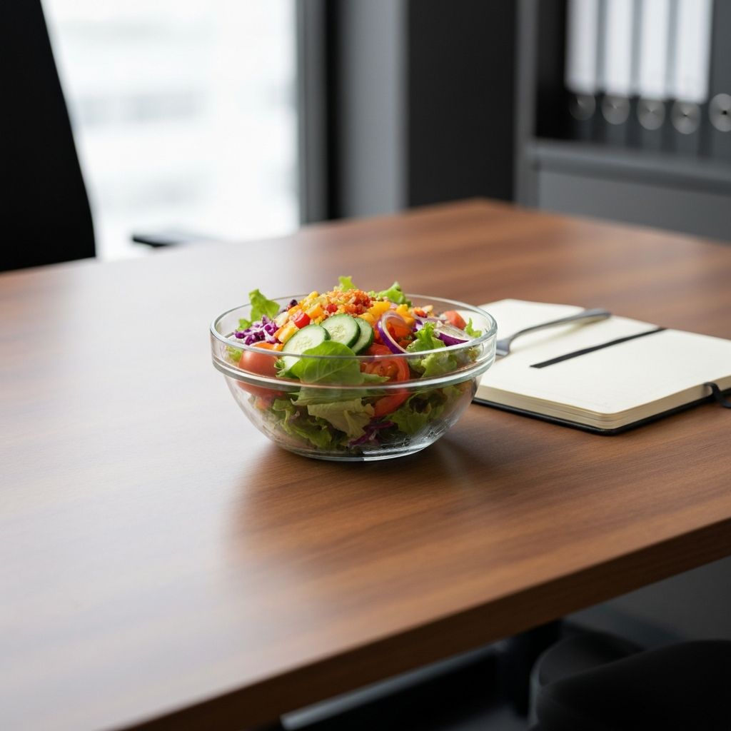 Kolorni salat u činiji na radnom stolu sa beleškama