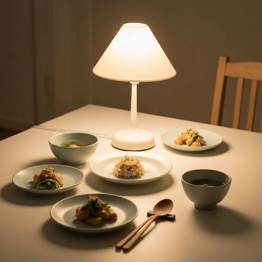 Lak večernji obrok u toploj svetlosti svetiljke, miran ambijent