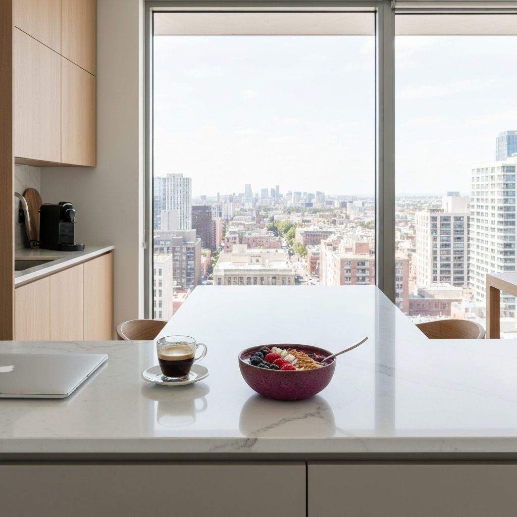 Minimalistička moderna kuhinja sa smutijom i laptopom u sunčevoj svetlosti